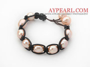 Pink Freshwater Pearl Wrapped Leather Bracelet with Black Leather